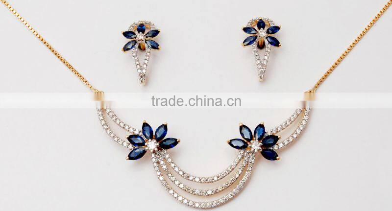 Twisted Designer Piece Green Emerald Beads Round Diamond Double Chain Pendant Earrings Set