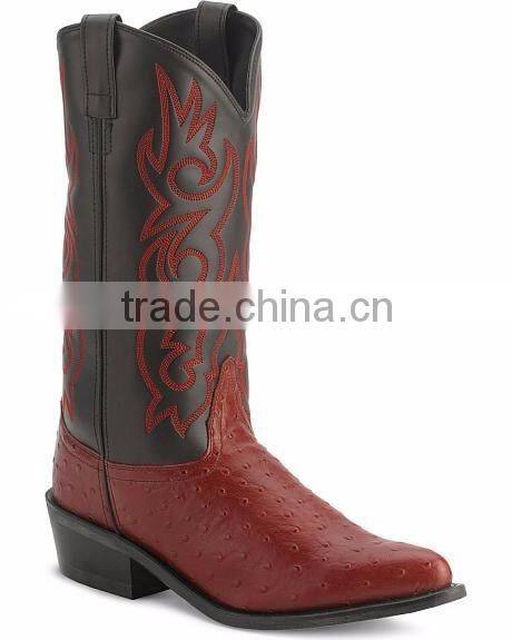 black wine brown smooth leather fancy stitched western Ostrich print cowboy boots wholesale