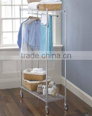 Chrome Garment Rack with Top and Bottom Shelves