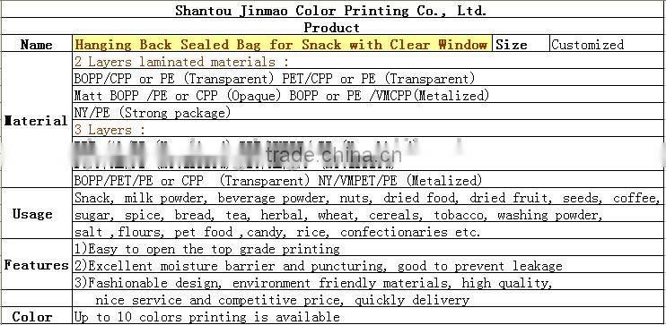 Hanging Back Sealed Bag for Snack with Clear Window