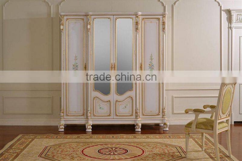 European Royal Four Doors Wardrobe with Mirrors, Elegant Hand Painting Bedroom Wardrobe