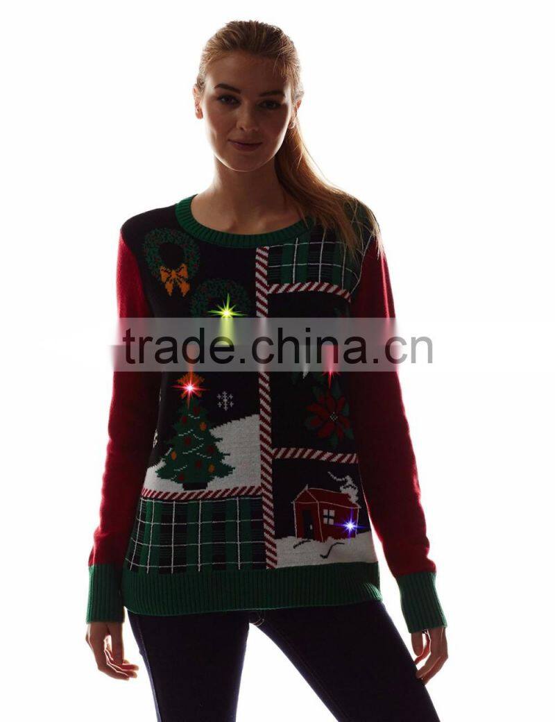 Women Geen Colorful Sweater Tree Pattern Acrylic Christmas Sweater