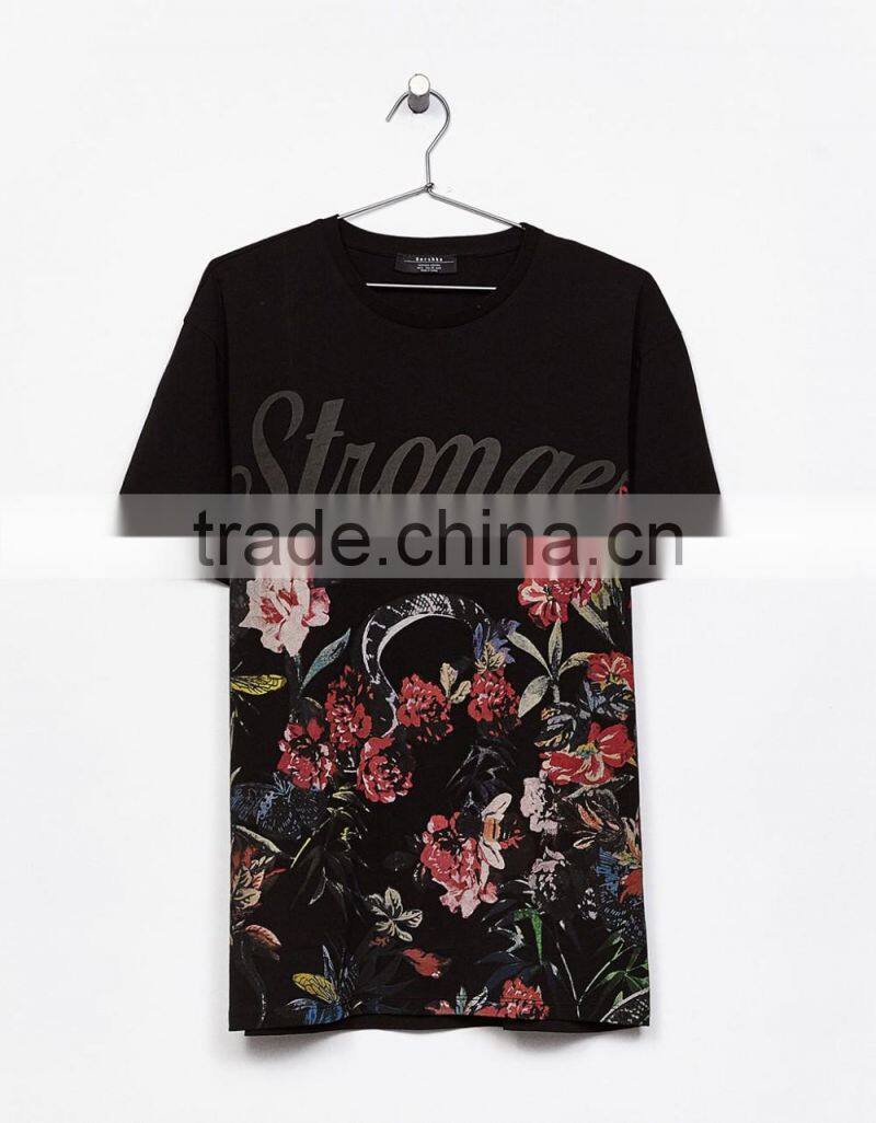 2017 Wholesale new design black t shirt with floral rubber print t shirts