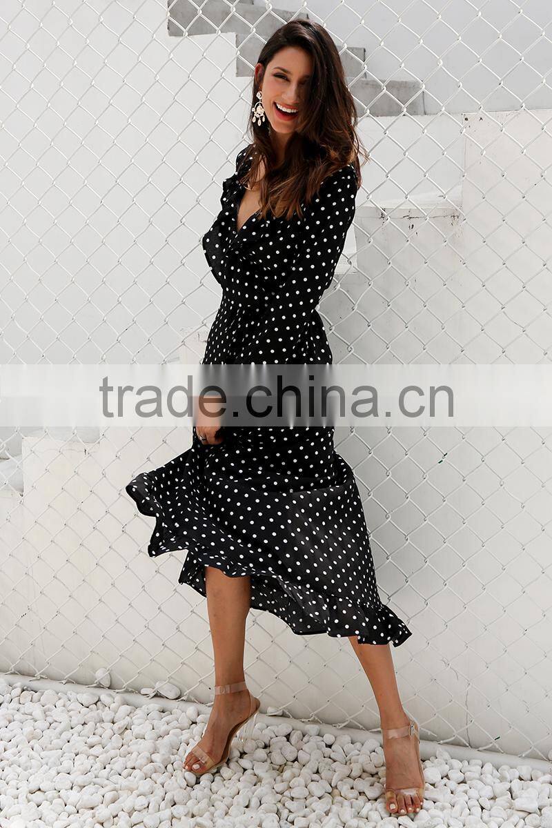 Evening Dress Long Sleeve Polka Dot Ruffle Wrap Women Maxi Dress Vestidos Beach Long Dress