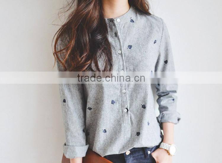 100 cotton comfortable long sleeve leaves Embroidery striped shirts for women stand collar shirts