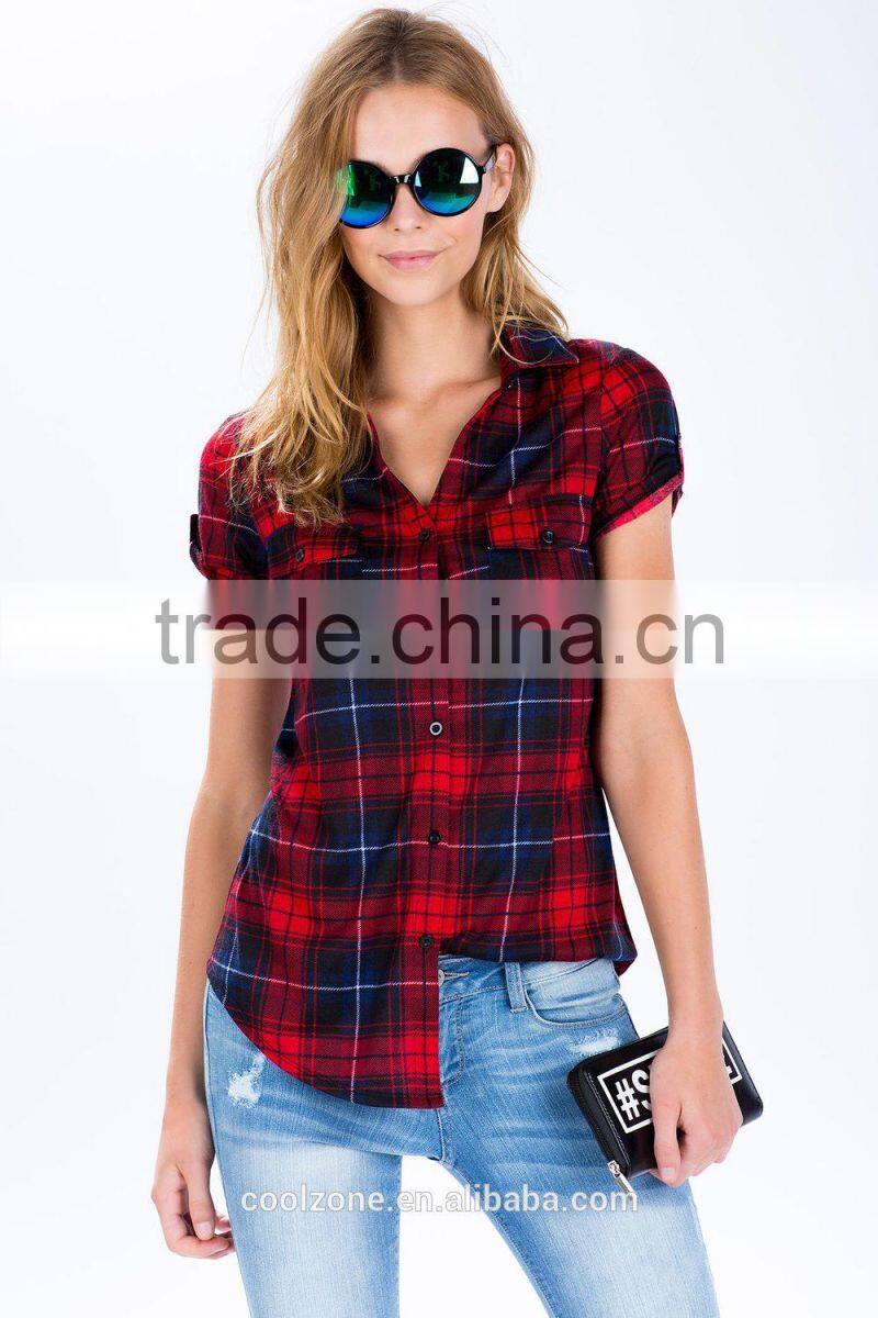 Adorable dolled up short sleeve plaid shirts latest shirt designs for women