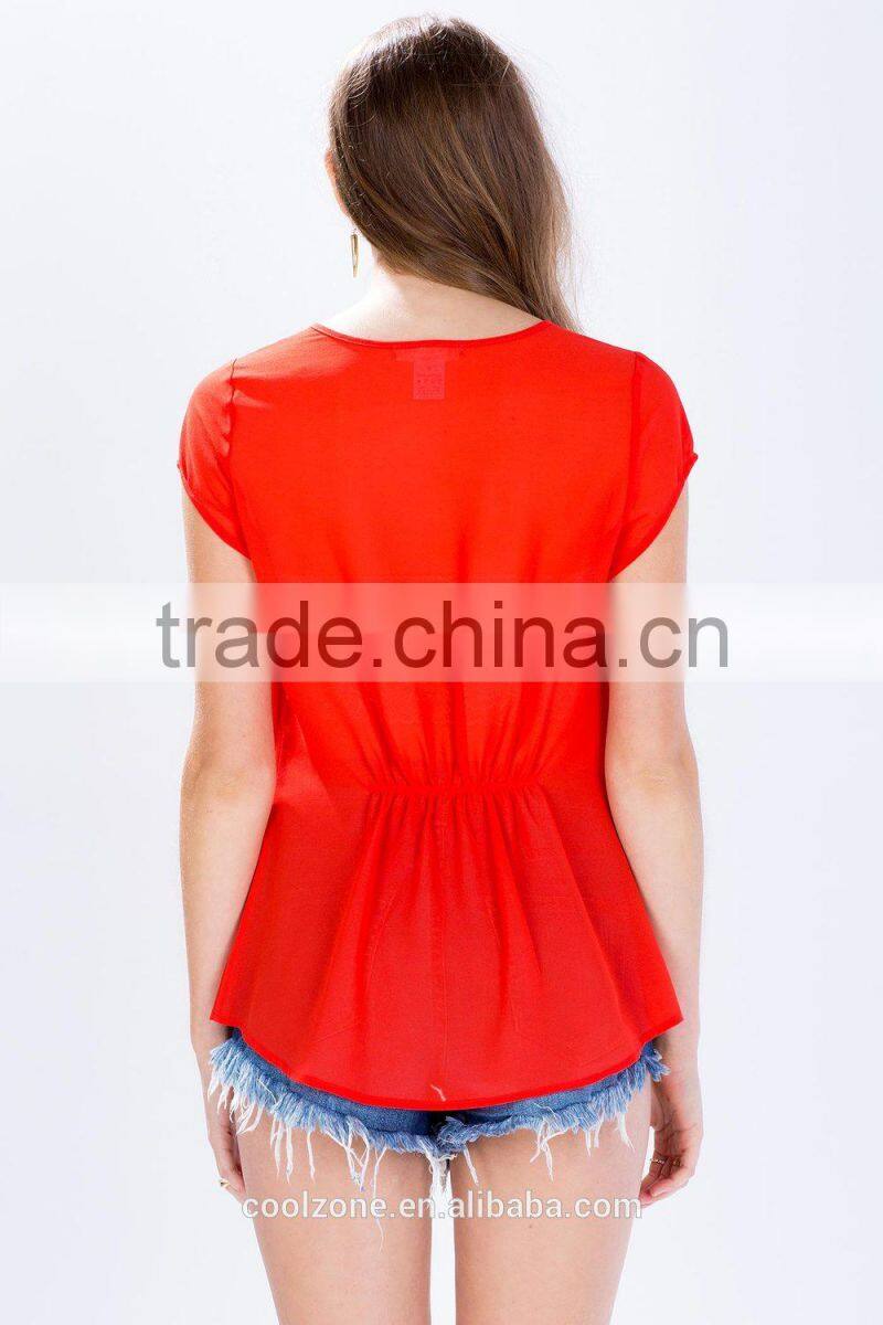 Wholesale pleated front short sleeves tee shirt cheap zipper women tee