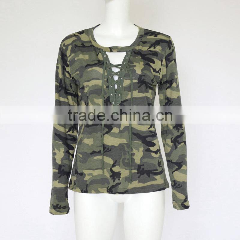 Women's hollow-out deep V-neck long sleeve camo t shirt