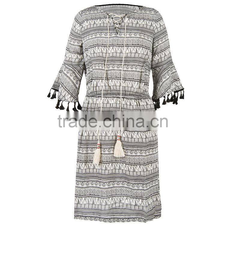 Summer dress for women new national style printing dresses with ropes short sleeve V-neck elegant beach dresses
