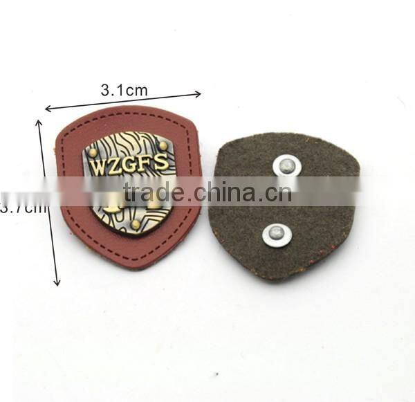 Black/brown PU felt leather sew on patches with black/bronze metal plates clothing label for jeans/jacket PLB-009