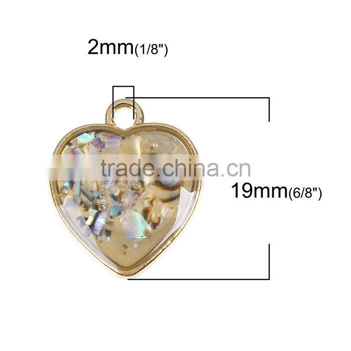 Zinc Based Alloy & Shell Charms Heart Gold Plated Transparent Clear Enamel