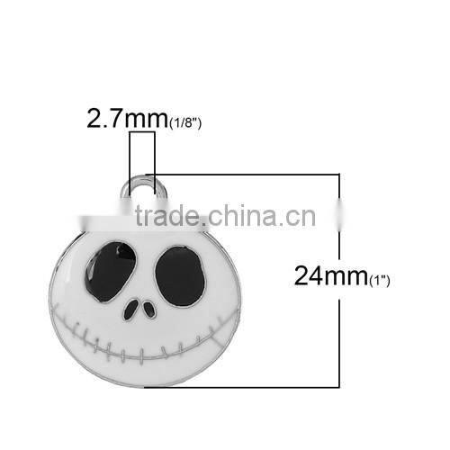 Charm Pendants Nightmare Before Christmas Halloween Skull Silver Tone Enamel White 24.0mmx22.0mm