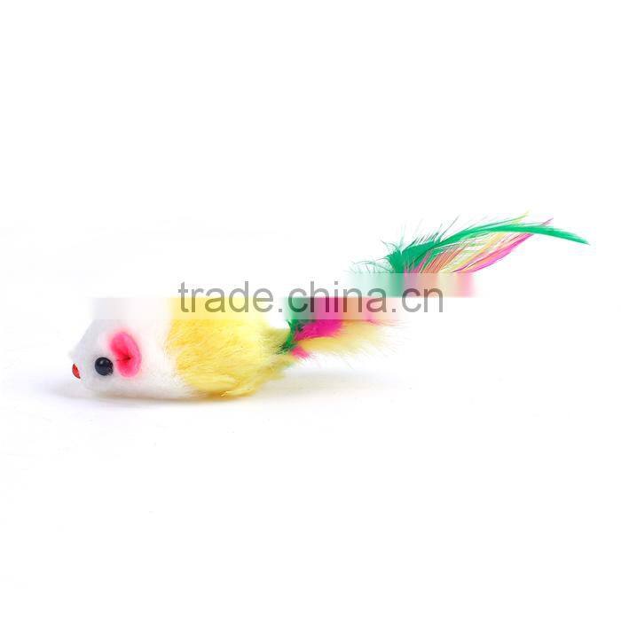 Plush Wand Pet Teaser Mouse Animal Yellow White Feather
