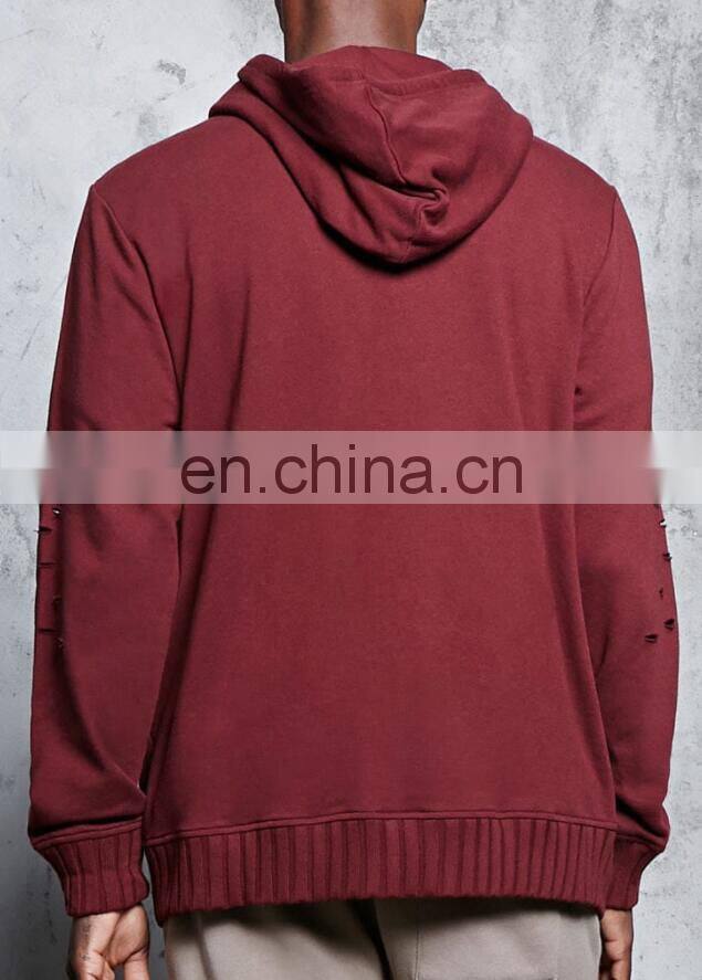 2017 OEM Factory Cotton Polyester High-Polish Zip-Front Distressed Men French Terry Hoodie