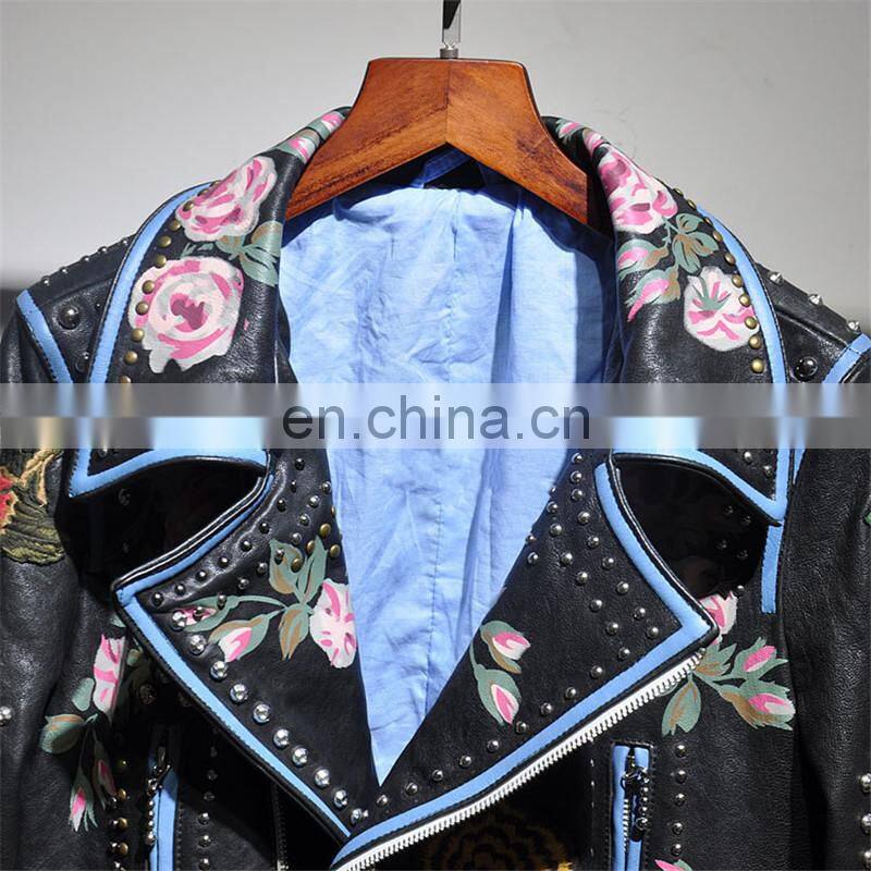 New Arrival Embroidery Leather Jacket for Women Real Motorcycle Leather Jacket