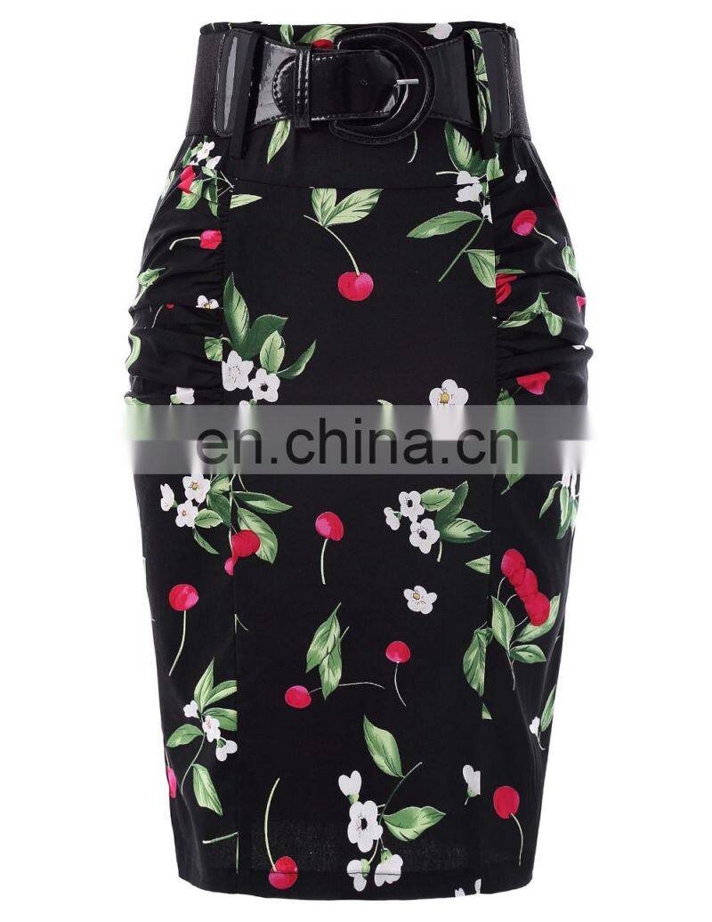 Kate Kasin Women's Shirred Detail Flower Pattern Cotton Pencil Skirt with Wide Belt KK000610-1