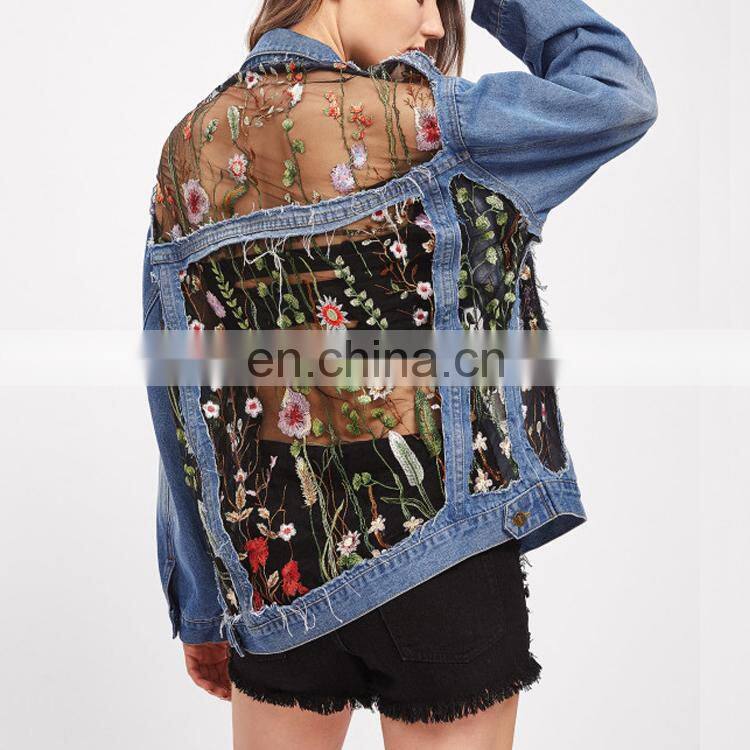 Fashion Women Outerwear Clothes Embroidered Mesh Insert Denim Jacket