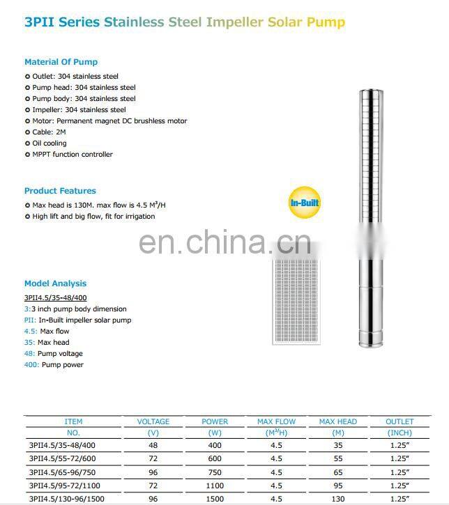3PII In-Built Controller Brushless stainless steel impeller farm solar water pump