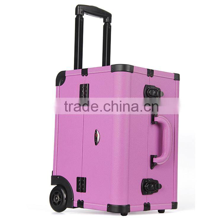 Purple professional rolling trolley makeup case with compartments for nail polishing artist