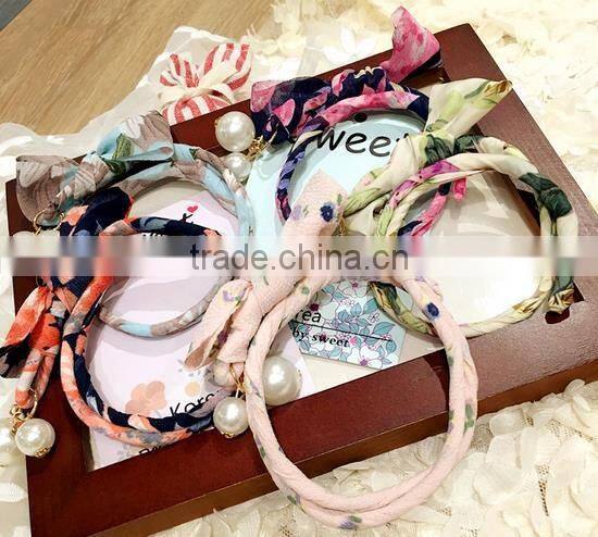 high quality custome printed floral cat ear hair tie ponytail holders elastic bands