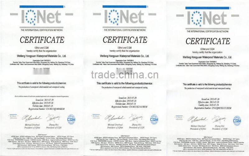 self adhesive bitumen waterproof membrane/roof underlayment with 1.2mm 1.5mm 2.0mm