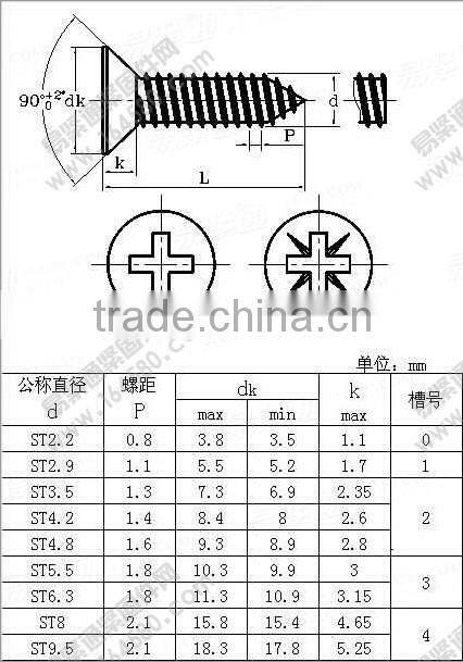 ISO7050 Cross countersunk head tapping screw Carbon Steel ST2.9*6.5