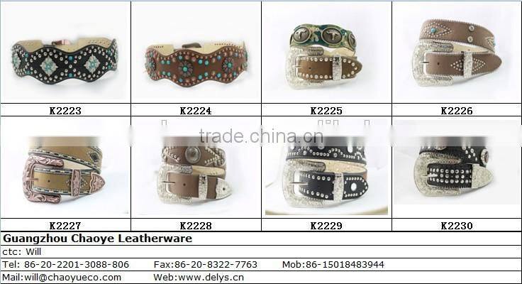 2016 New Design Western rhinestone leather belt with crystals circle chains and studs embedded