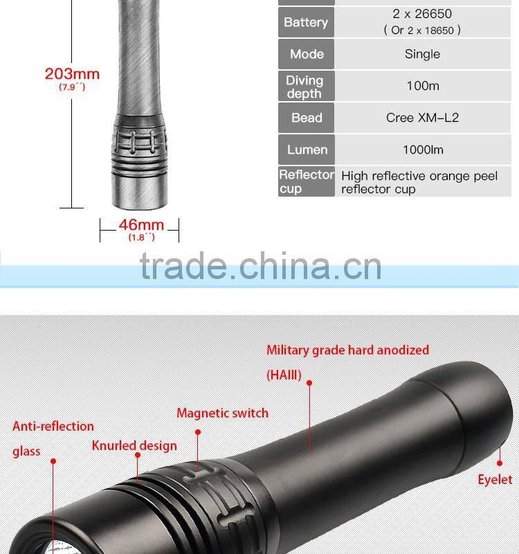 Professional 1000 Lumen xm l2 led Aluminum Alloy Lamp Body underwater flashlight