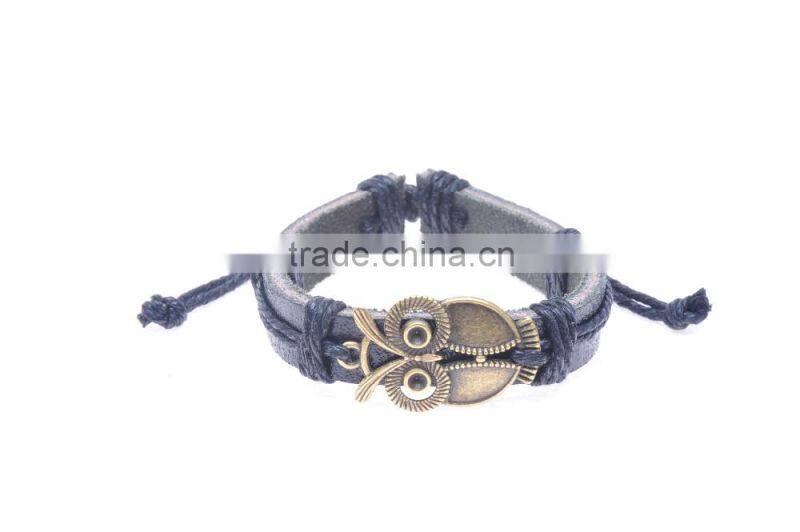 Genuine Leather Bracelet with Antique Brass Cartoon Owl Accessory.