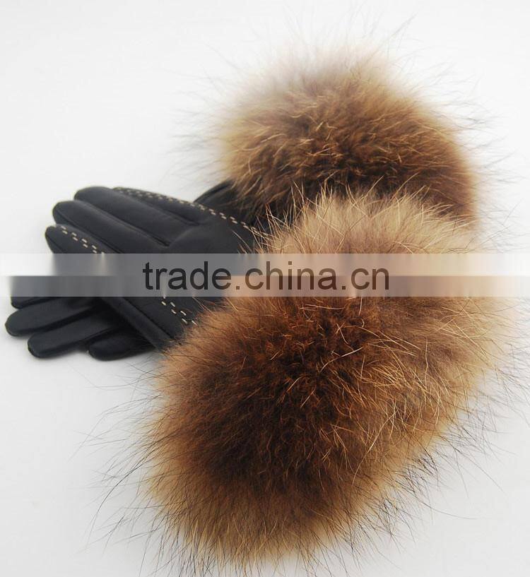 Womens Leather Gloves With Raccoon Fur Trim Black Genuine Sheep Leather With Lining