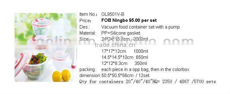 5pcs plastic vacuum food storage container set with pump