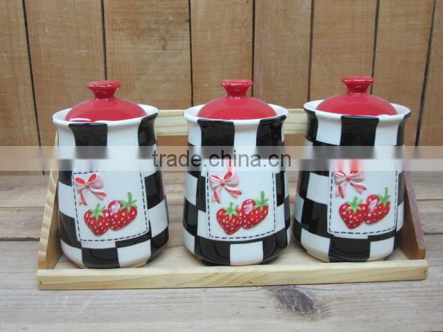 Olive Handpainted Ceramic Tea Coffee Sugar Canisters Set with Bamboo Stand