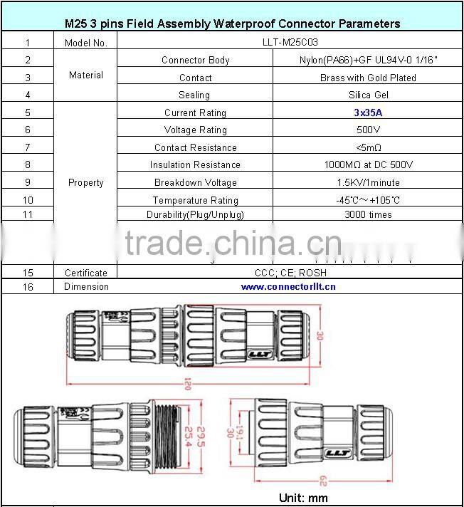 power lighting waterproof connector with 3 pins