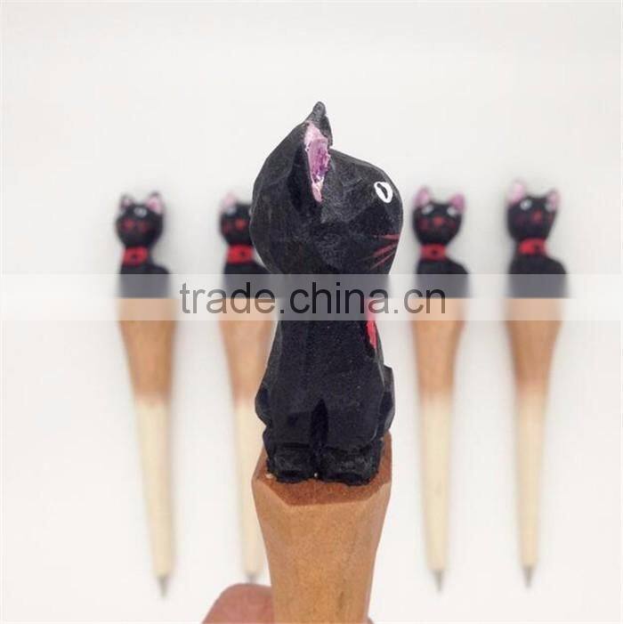 Cute lifelike kitty top carved wood ballpoint pen
