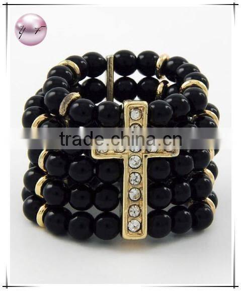 Silver Tone Black Acrylic Clear Rhinestone Cross Stretch Ring