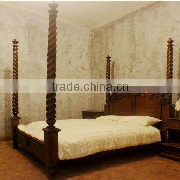 Antique Four Poster Mahogany Wooden Bed Carved - Espania