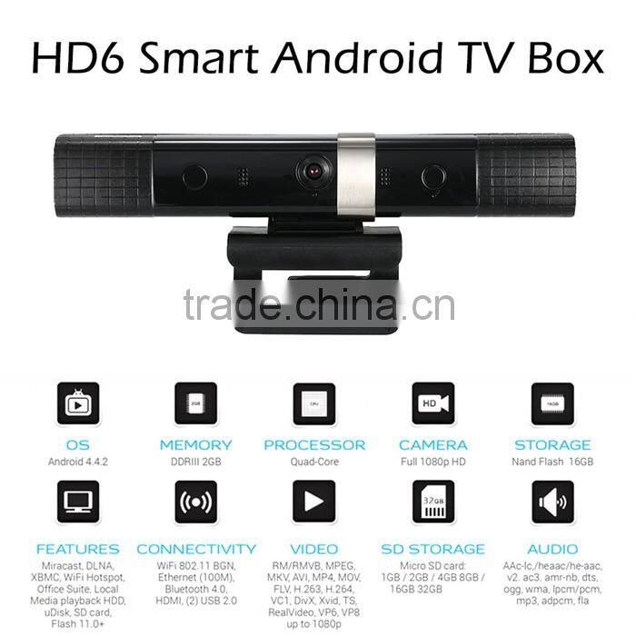 HD6R Full HD Android 4.4 Smart TV Box Built-in HD AF Camera&Dual Mic and dual Speaker HD6 Media player RK3188 Quad Core 2G+16G