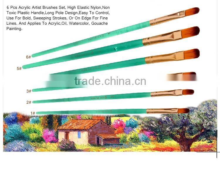 High Quality Professional Fine 6 Piece Acrylic Holder Handle Filbret Nylon Hair Oil Paint Brush Set