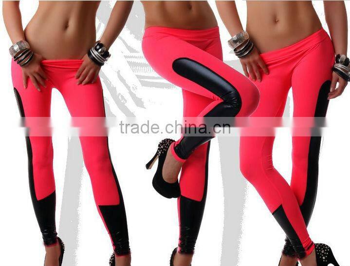 Fashion Women Lady Skinny Slim Bodycon Casual Sexy Stretchy Long Splicing PU Leather Leggings