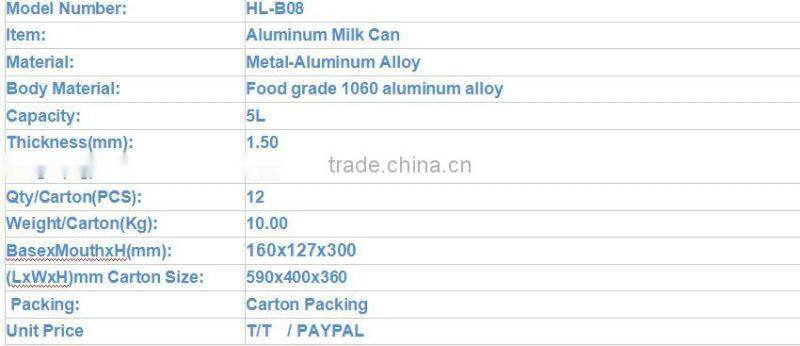 5L Locking Cover Anodized Aluminum Milk Can For Water Beer Beverage