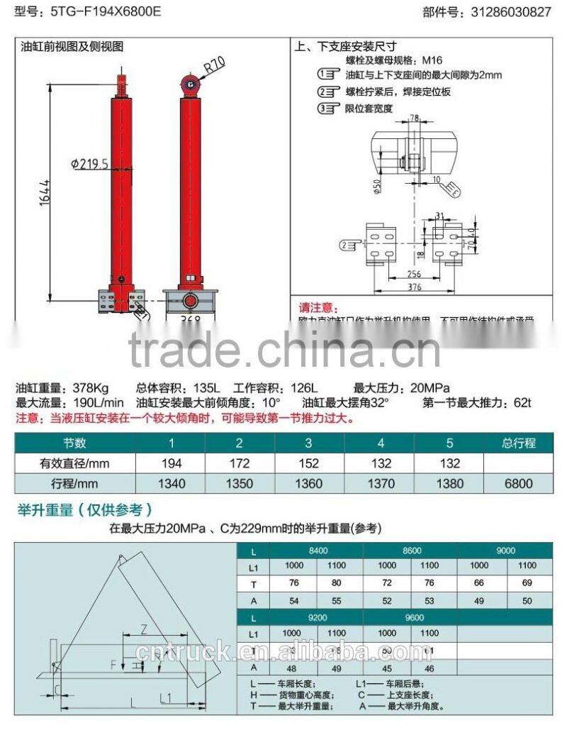 long stroke single acting hydraulic lifting cylinder