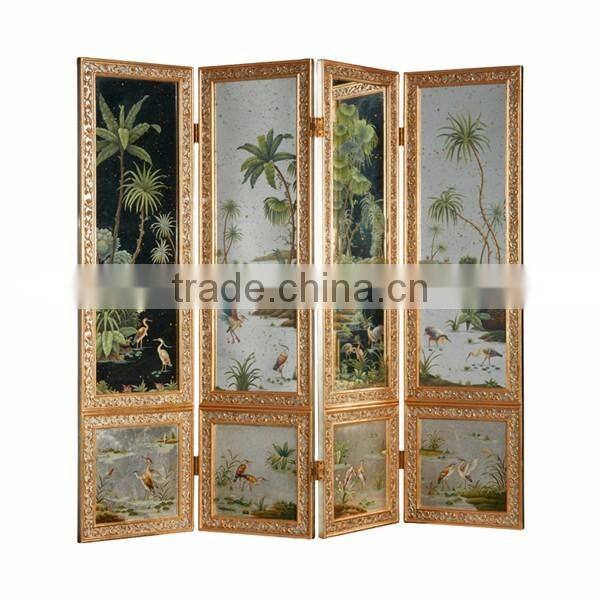 Traditional Hand Painting Wooden Floor Screen, Retro Furniture Art Painting Folding Screen, Engraved Four Panel Screen
