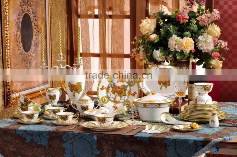 Chinese design saddle painting 69pcs ceramic bone china dinnerware set