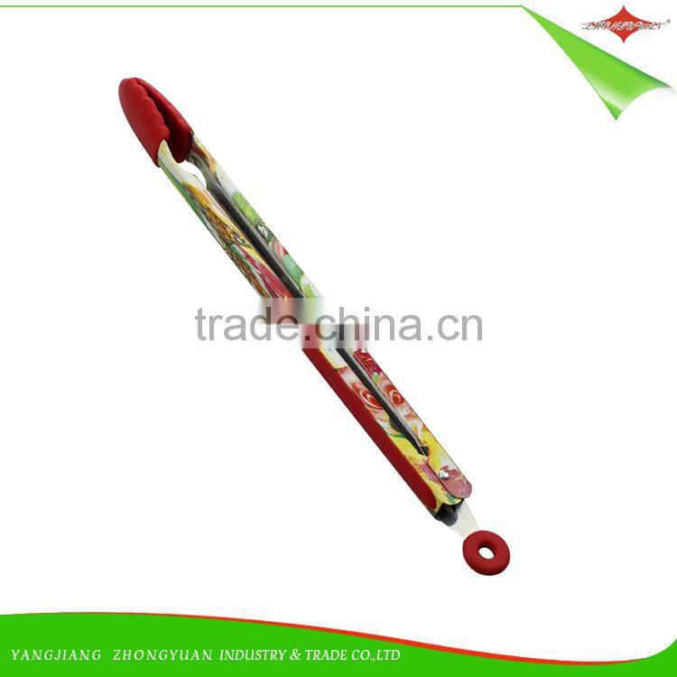 ZY-H2010 graceful design 14-inch BBQ silicone food tong with beautiful flower printed handle