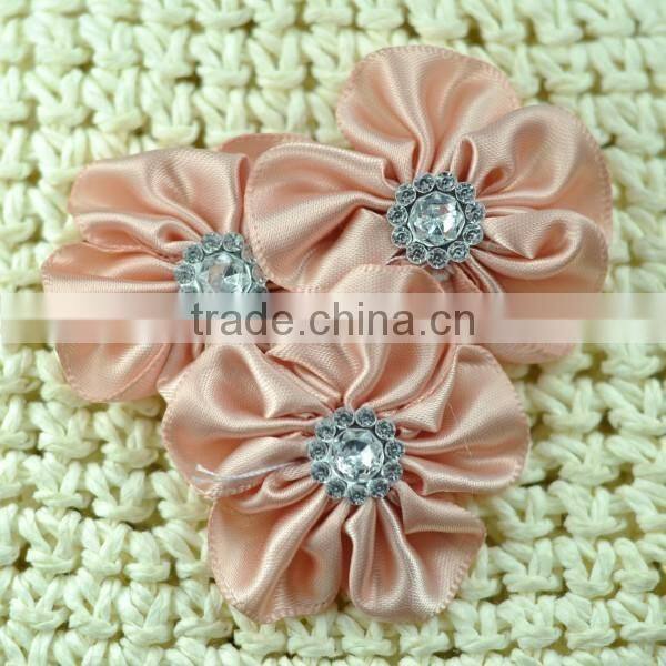handmade satin flower with rhinestone center for kids hair accessories