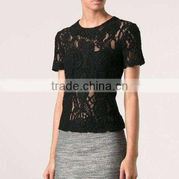 Ladies formal/office wear elegant transparent short sleeve sexy black lace blouse