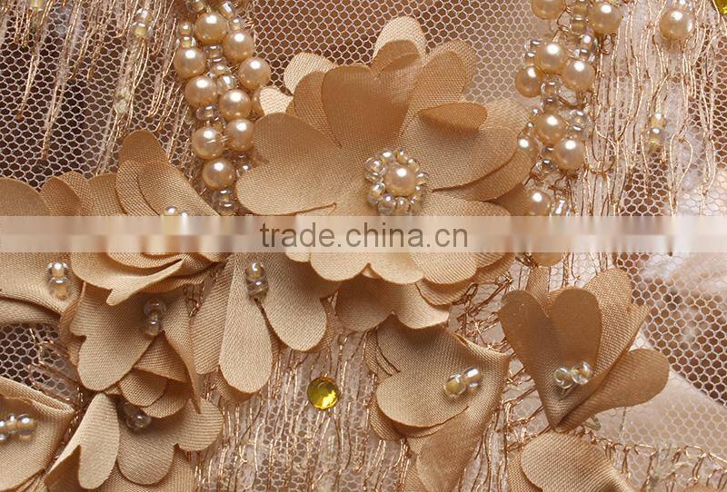 3D Beaded Embroidery Lace Fabrics Gold Yellow French Lace Fabric 2017