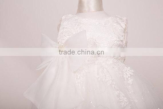 Modest Fashion Plain White Kids Fancy Girls With Bowknot Lace Dress