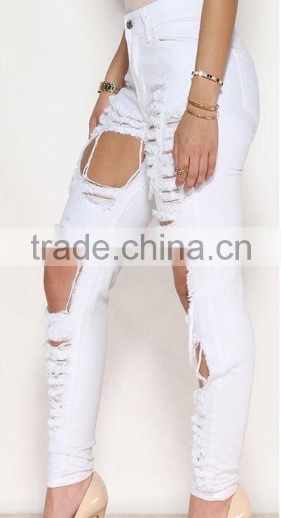 2016 women pants Ladies Casual white and black with waist-length Ripped distressed female jeans