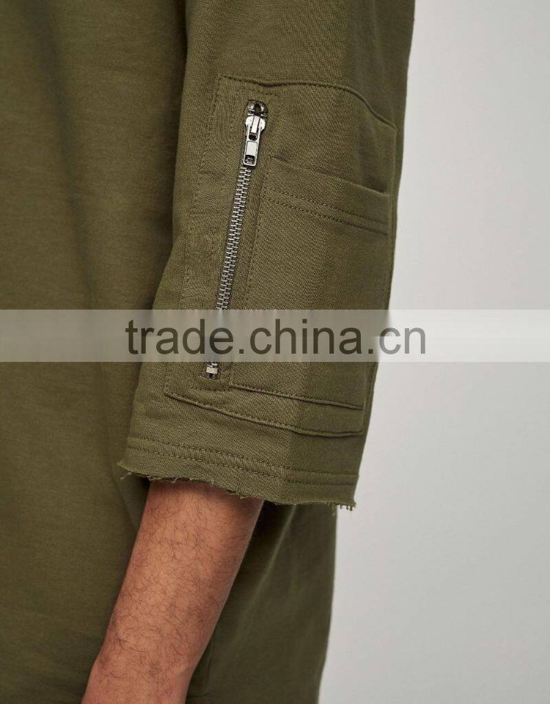 High Quality Men Custom Plain French terry Crewneck Raw Hem Oversized Sweatshirts with 3/4 Sleeve